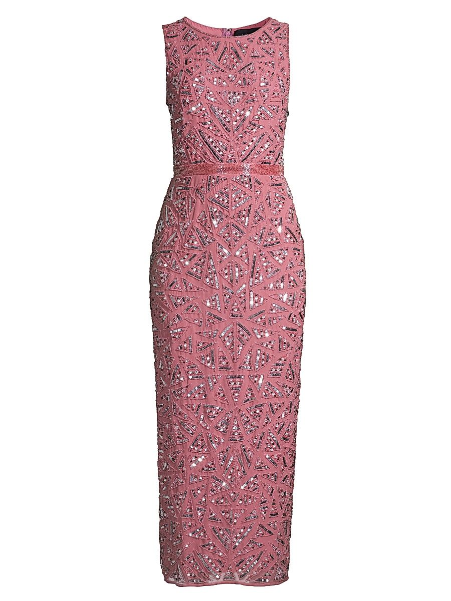 Women's Triangle Bead & Sequin Pattern Midi Sheath Dress - Rosewood - Size 2
