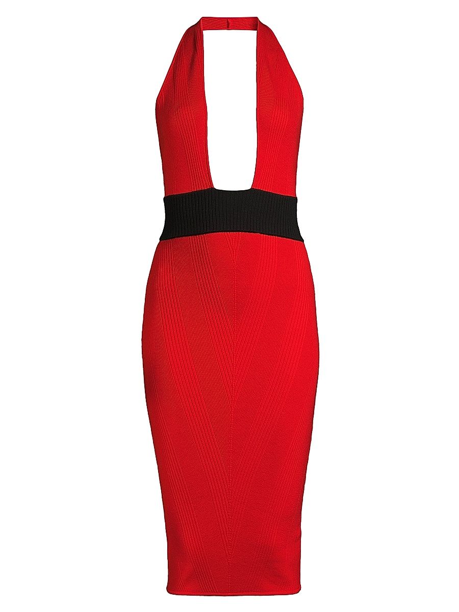Women's Ribbed Merino Halter Dress - Red Black - Size XL