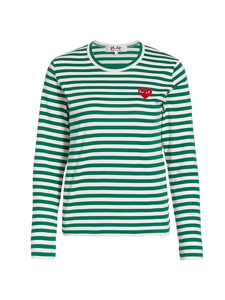 Women's Striped Red Heart Long-Sleeve Shirt - Green White - Size Large