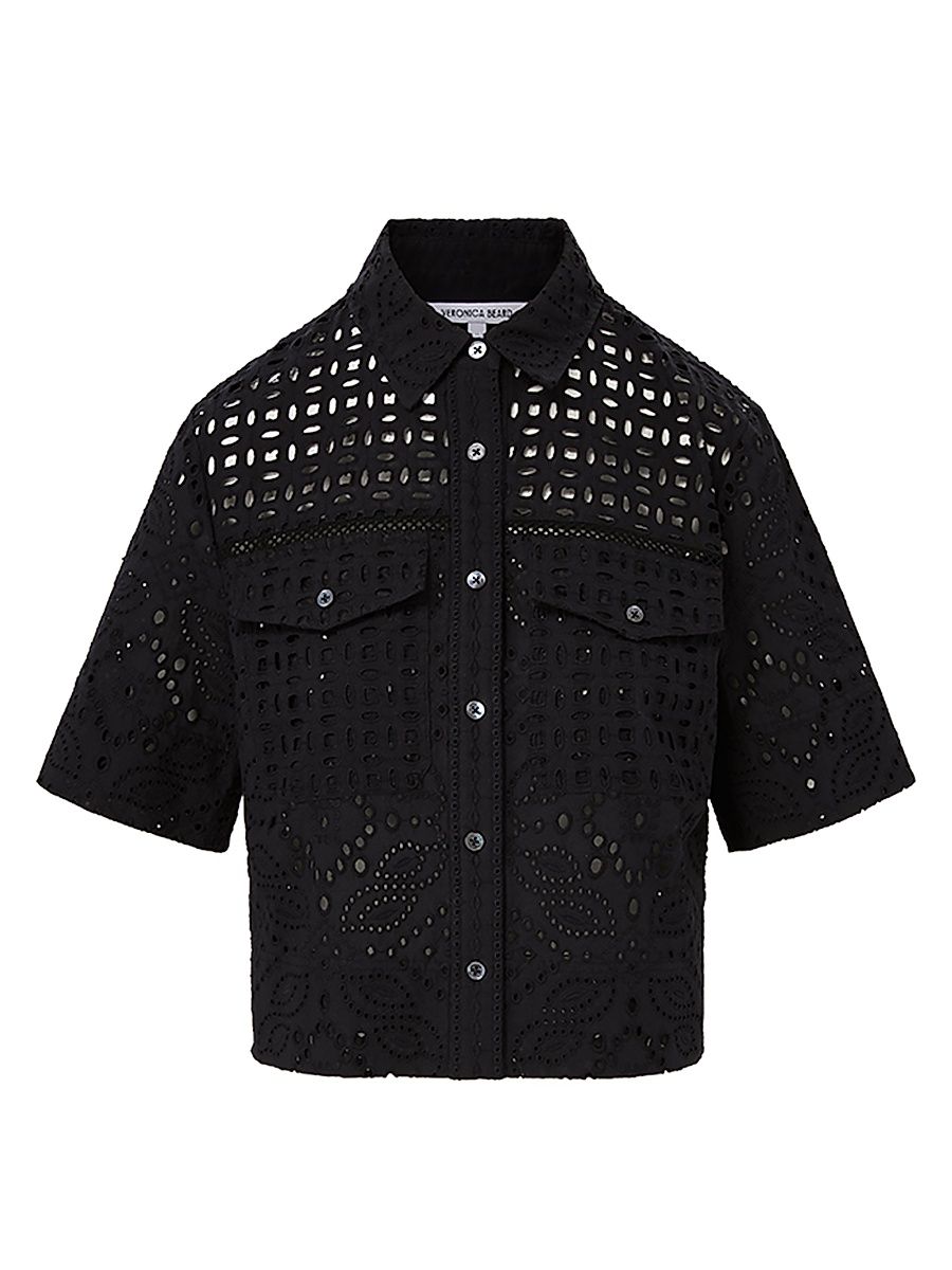 Women's Spruce Embroidered Cotton Short-Sleeve Top - Black - Size 8