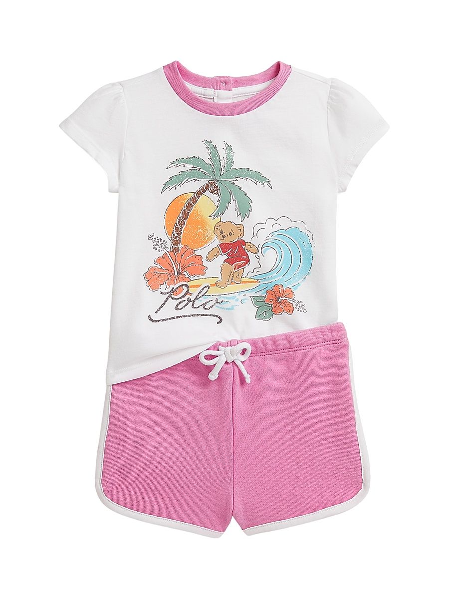 Baby Girl's Polo Bear Jersey T-Shirt & Terry Shorts Set - White - Size 3 Months
