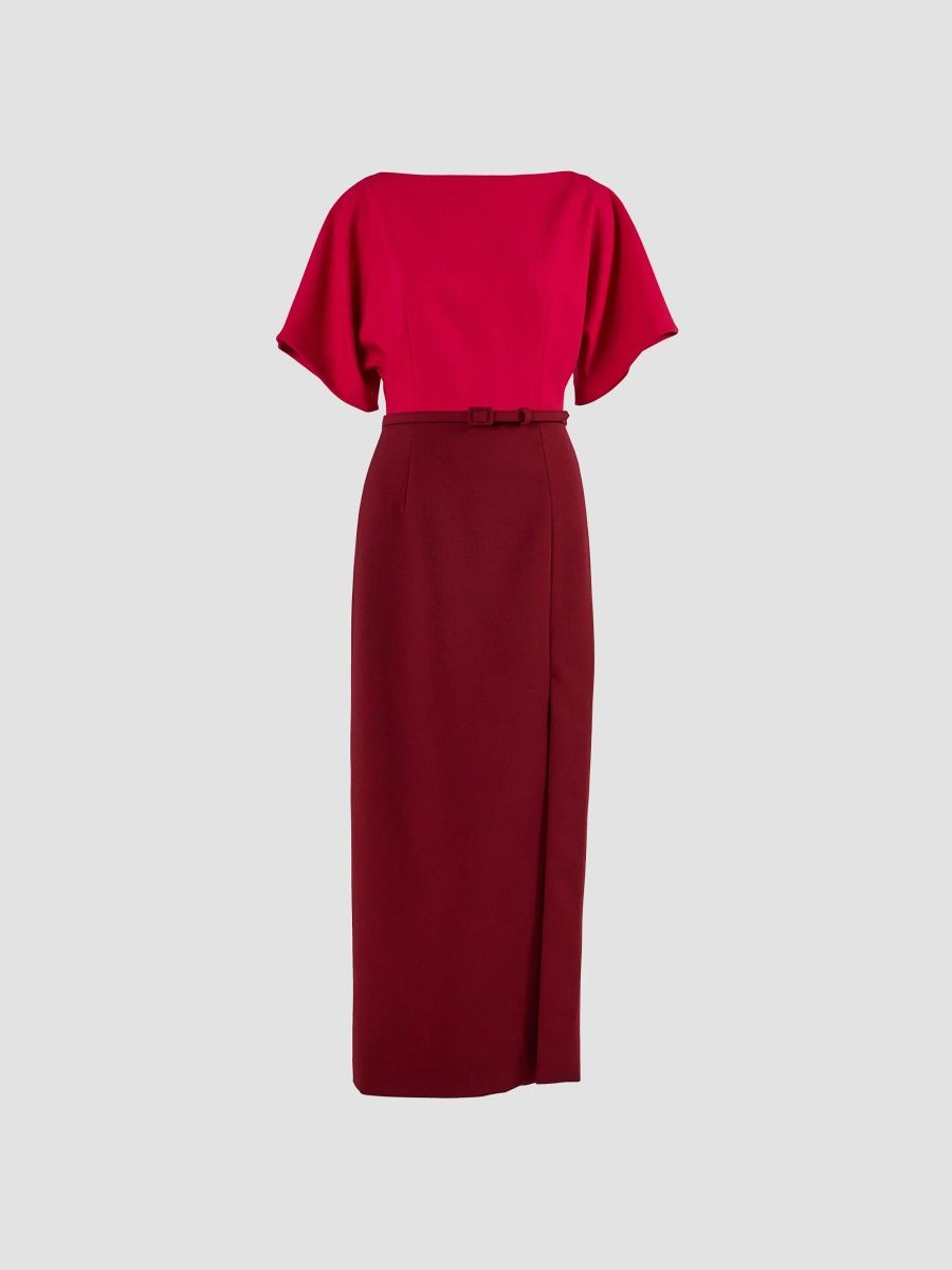 Carolina Herrera Women's Colorblocked Stretch Virgin-Wool Belted Midi Dress - Claret Multi - Size 14