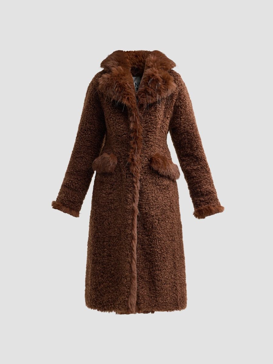 Ganni Women's Long Teddy Faux-Shearling Coat - Chocolate Brown - Size 4