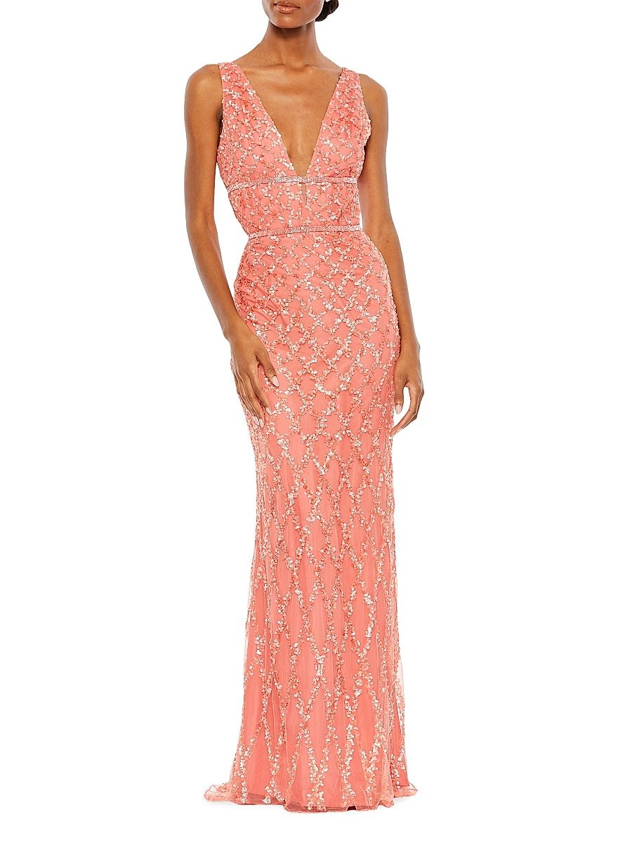 Women's Embellished V-Neck Column Gown - Coral - Size 14