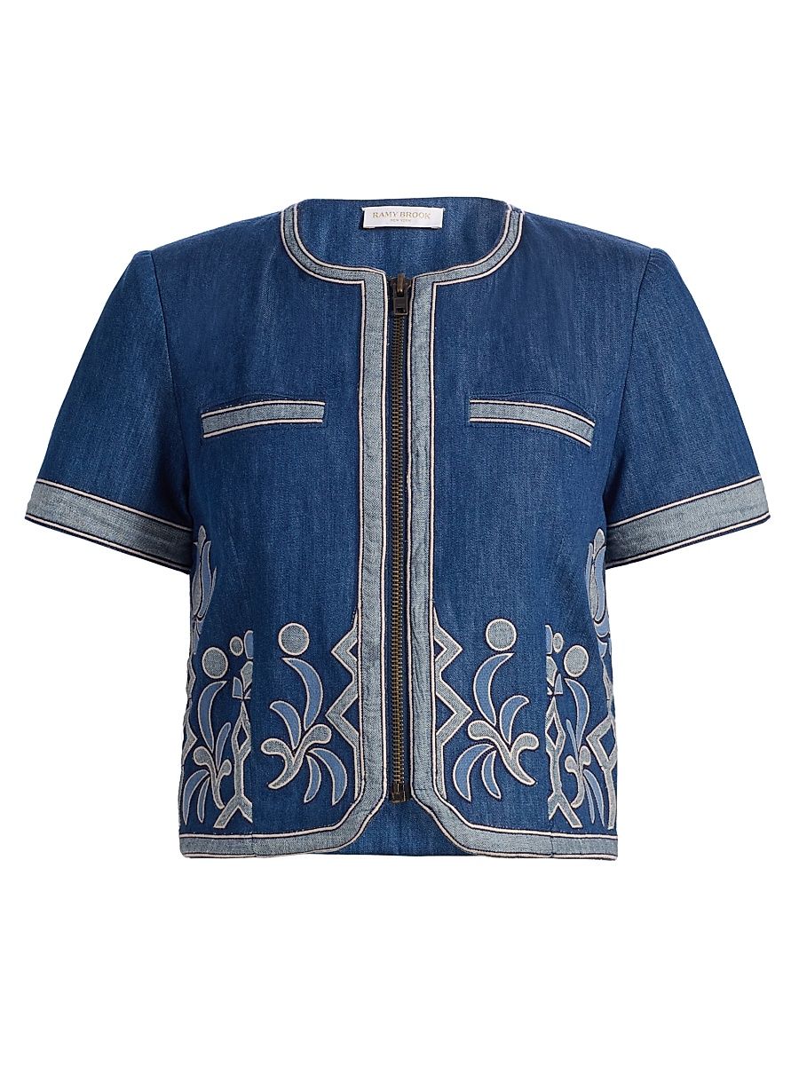 Women's Nicko Embroidered Denim Zip-Up Jacket - Tonal Embroidered Denim - Size Large