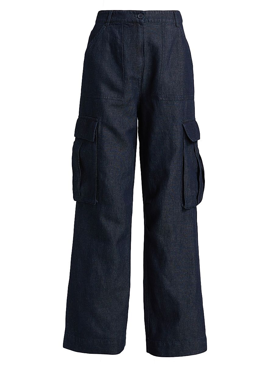 Women's Denim Linen-Blend Cargo Pants - Dark Wash - Size 6