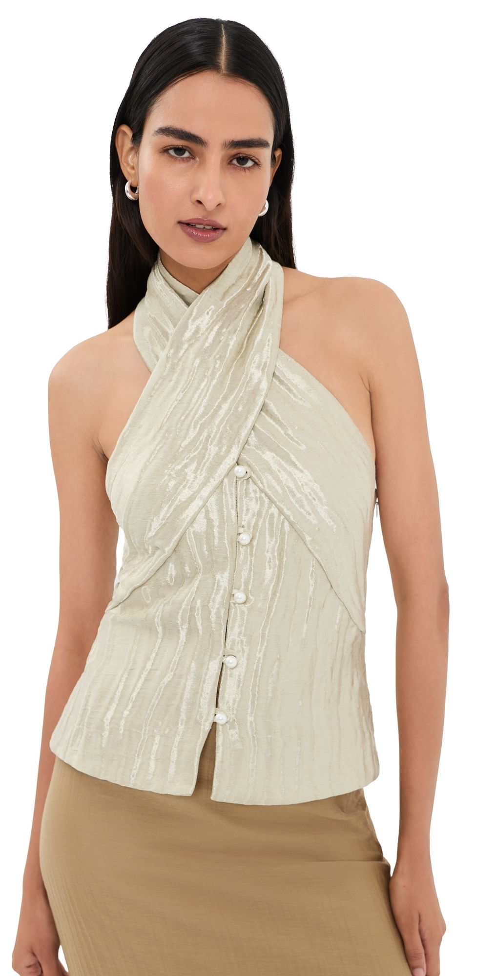 Rosie Assoulin Twisted Halter Top Metallic Silver 2