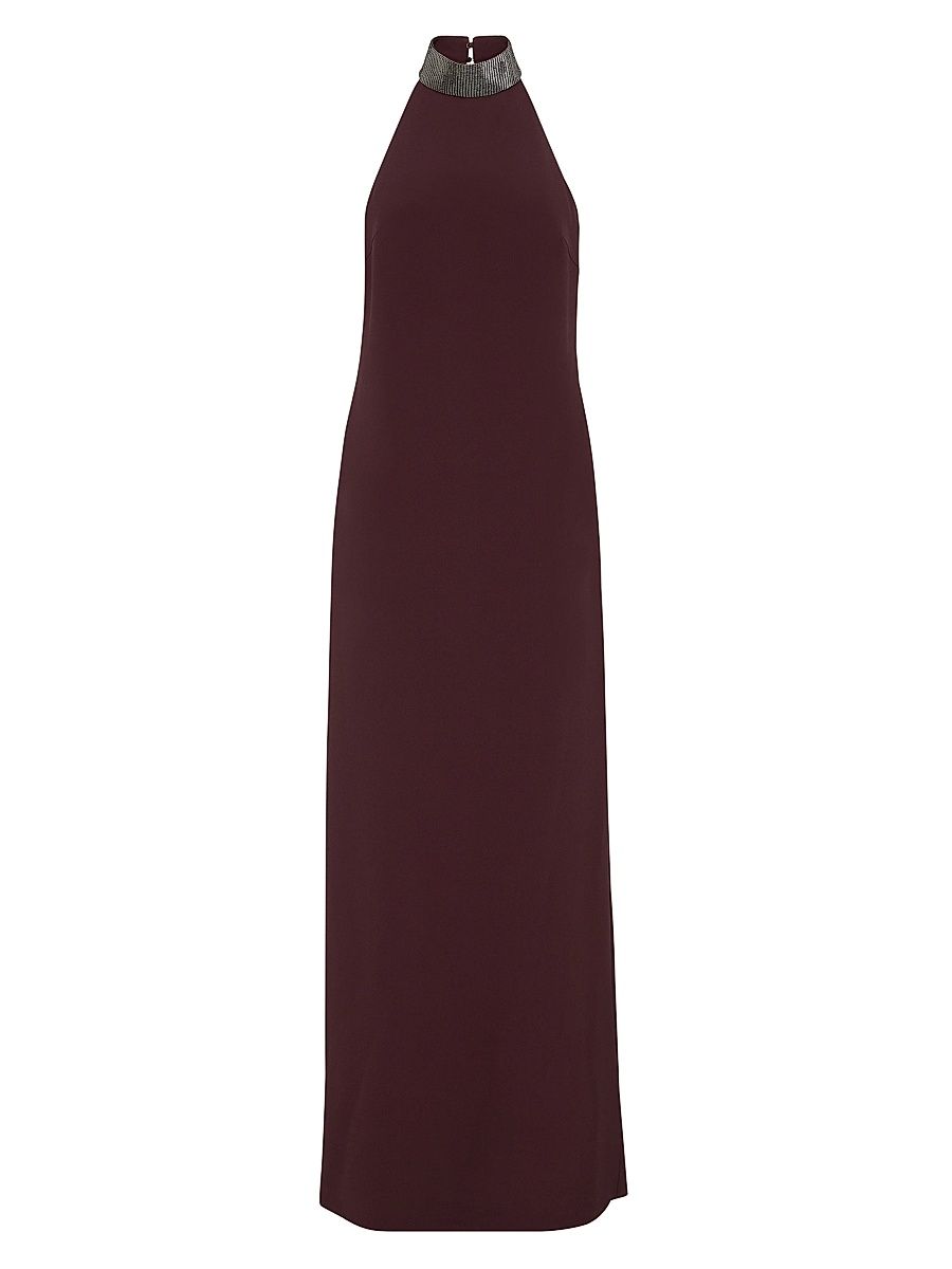 Women's Silk and Acetate Crêpe Cady Halterneck Dress with Precious Beaded Collar - Burgundy - Size XXS