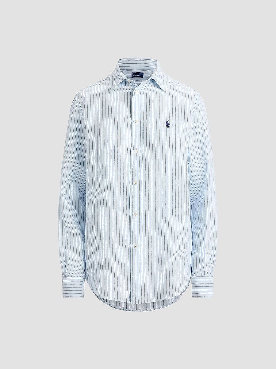Polo Ralph Lauren Women's Striped Linen Sport Shirt - Light Blue White - Size Large