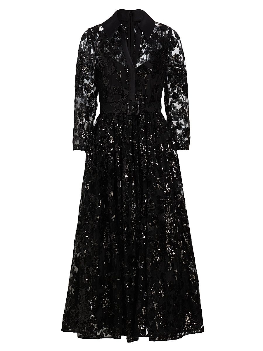 Women's Sequined Floral Lace Shirtdress - Black - Size 10