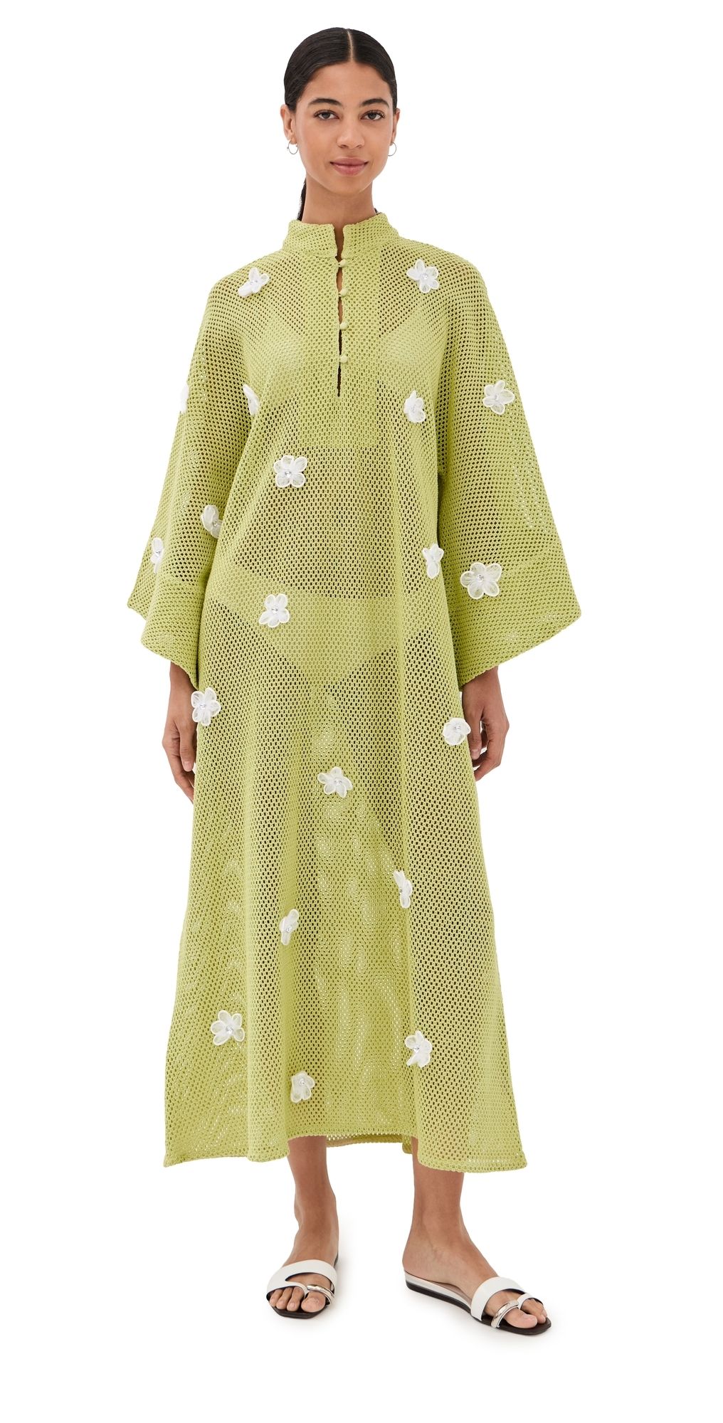 La Vie Style House 3D Flower Knit Maxi Caftan Green One Size