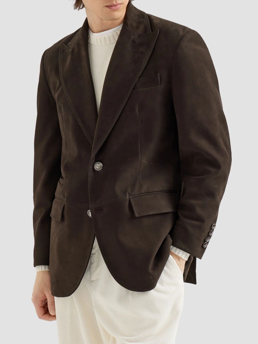 Brunello Cucinelli Men's Nubuck Blazer with Peak Lapels and Metal Buttons - Brown - Size XXXXL