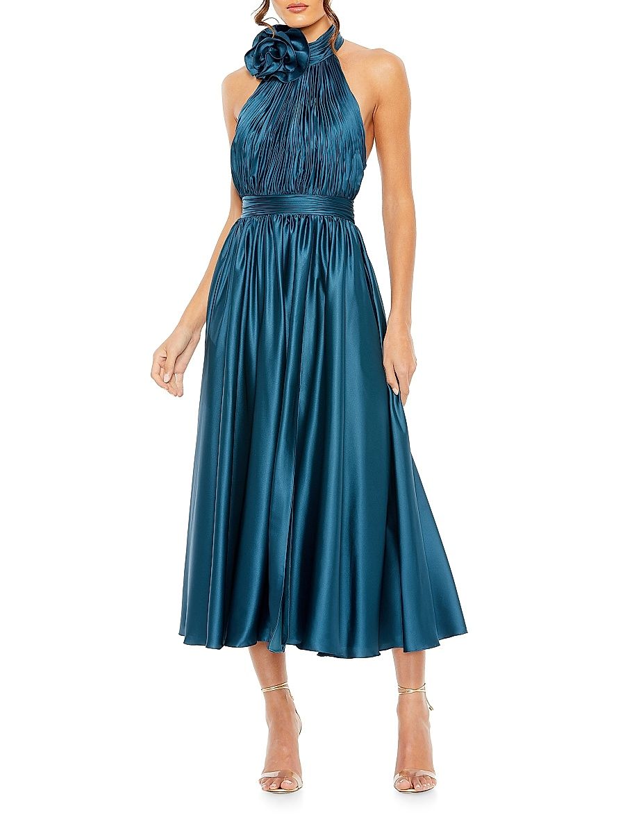 Women's Satin Halter Rosette Midi-Dress - Ocean - Size 0