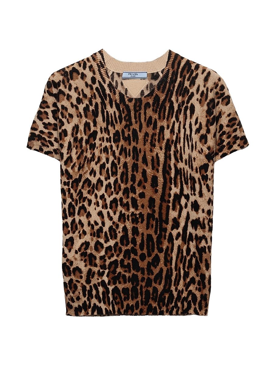 Women's Short-Sleeved Printed Cashmere Sweater - Brown Black - Size 6