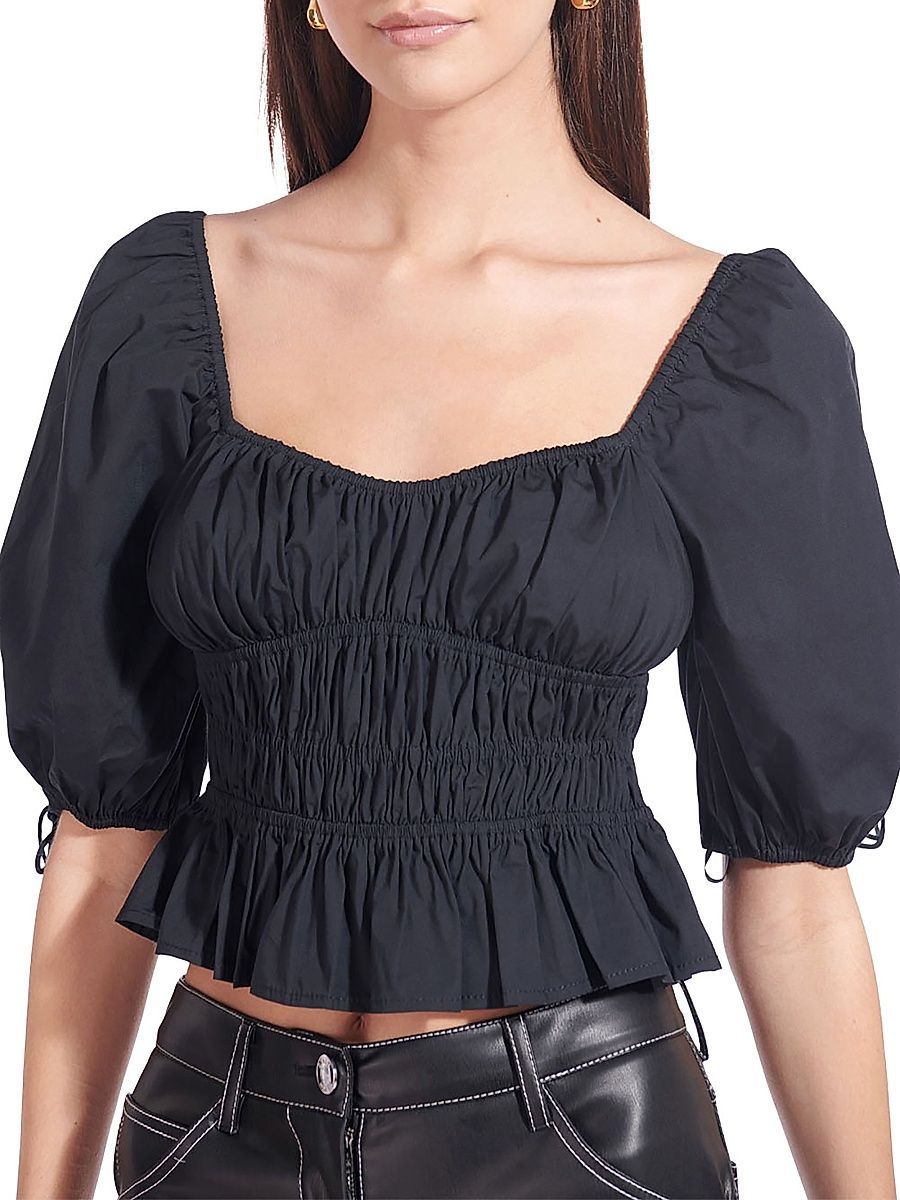 Women's Faye Gathered Puff-Sleeve Top - Black - Size XL