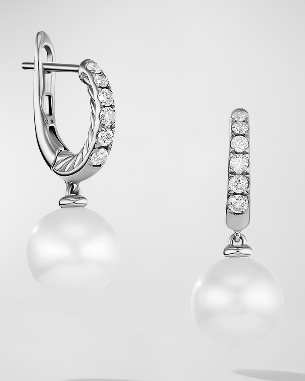 Pearl and Pave Drop Earrings with Diamonds in Silver, 9mm, 0.6"L