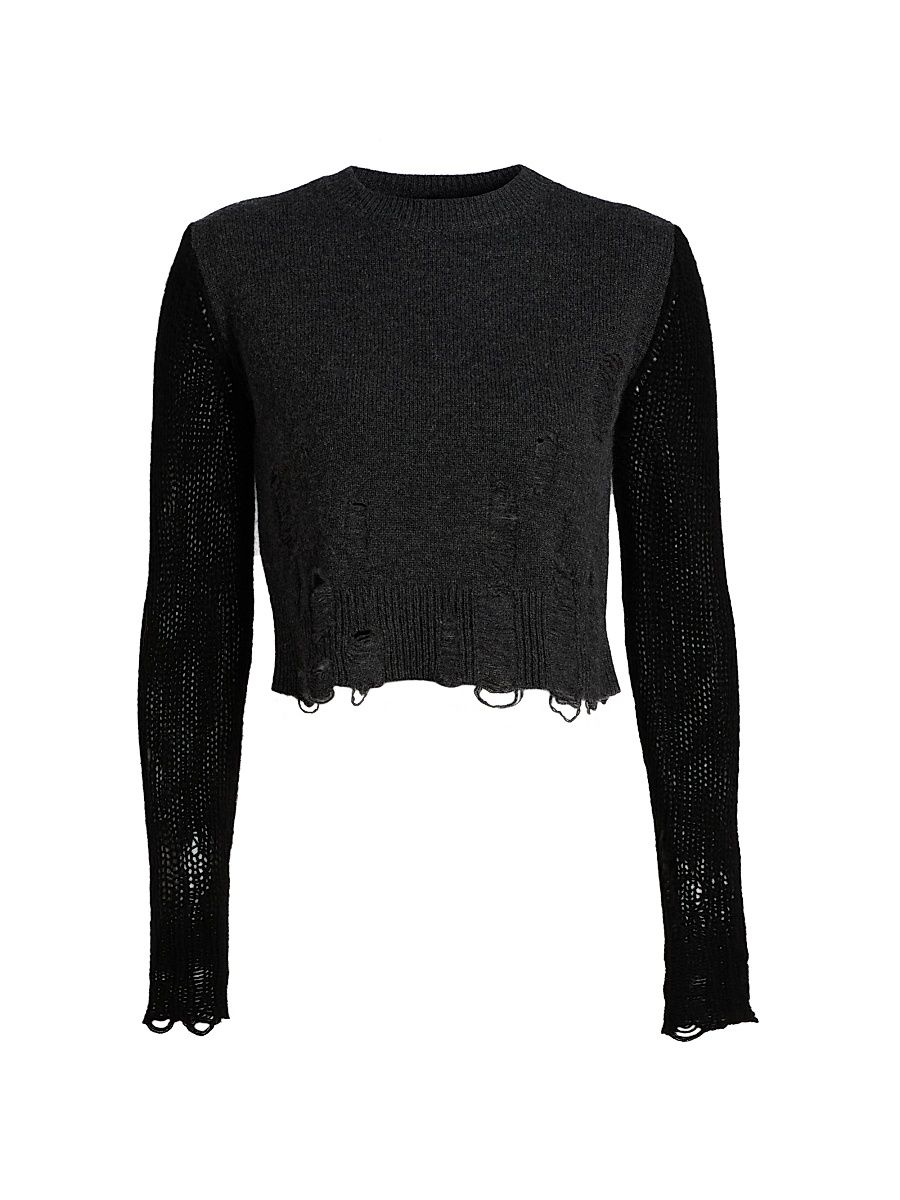 Women's Distressed Rib-Knit Cashmere Crop Sweater - Charcoal Black - Size Medium
