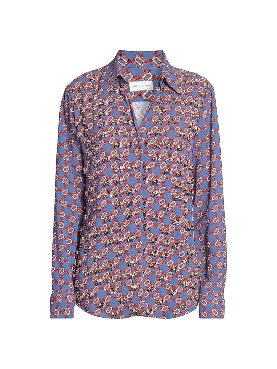 Women's Printed Embellished-Trim Crepe Shirt - Blue - Size 8