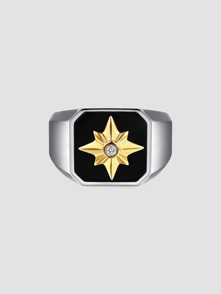 Gabriel & Co Men's Polaris 14K Yellow Gold, Sterling Silver, 0.03 TCW Diamond, & Onyx Starburst Signet Ring - Black - Size 10