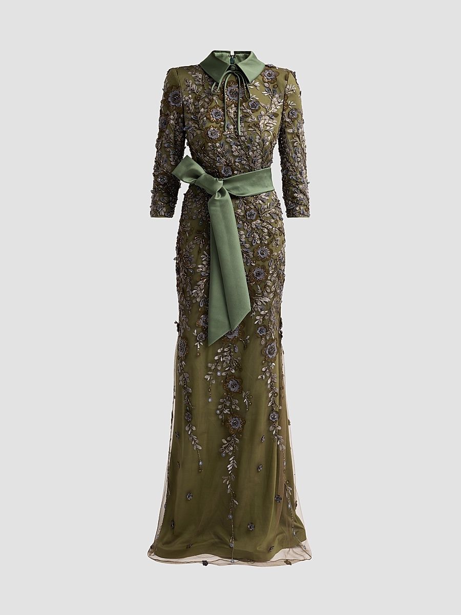 Badgley Mischka Women's Embellished Sashed Shirtwaist Gown - Olive - Size 16