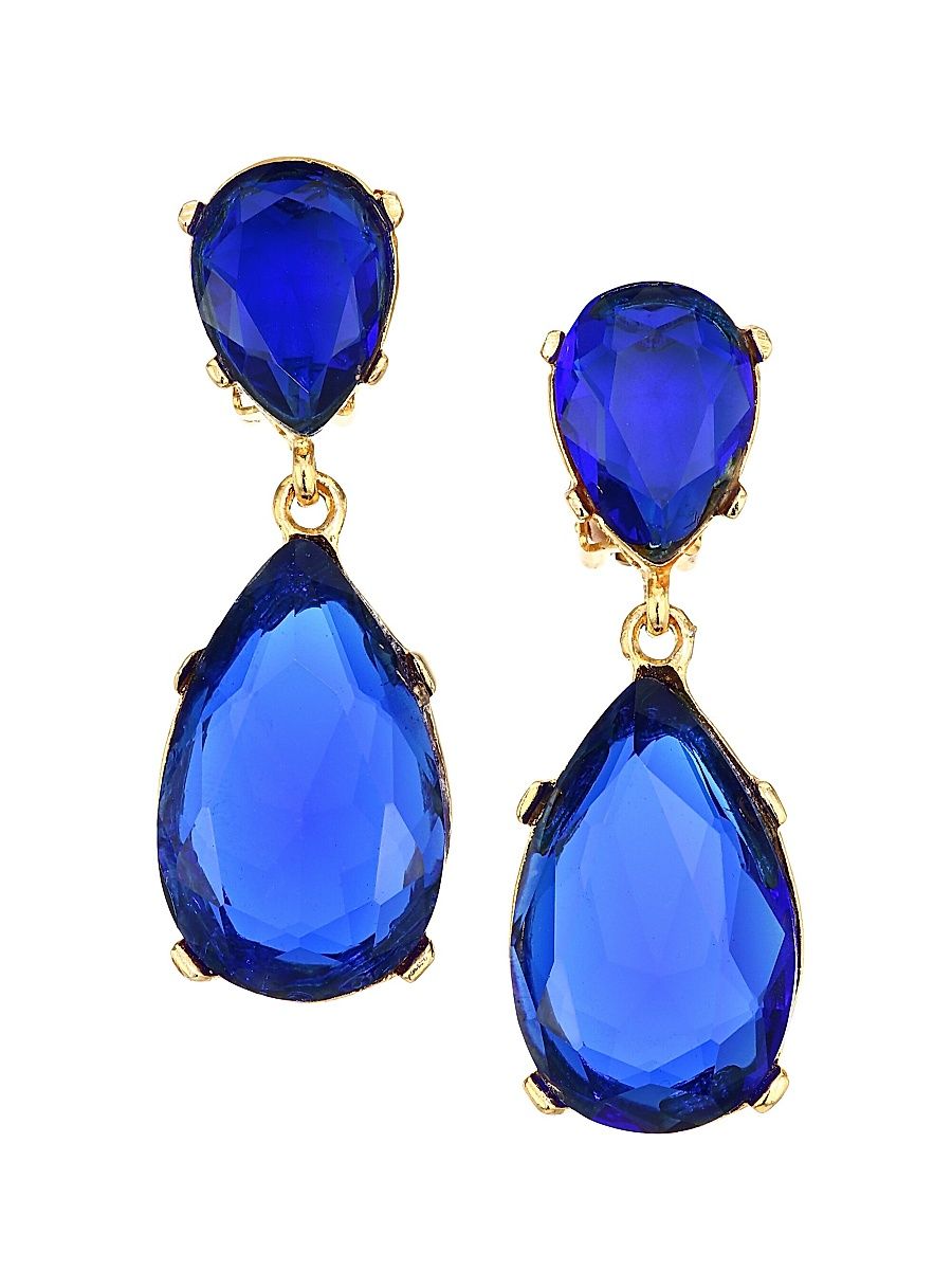 Women's Sapphire-Color Crystal Double-Teardrop Earrings - Gold