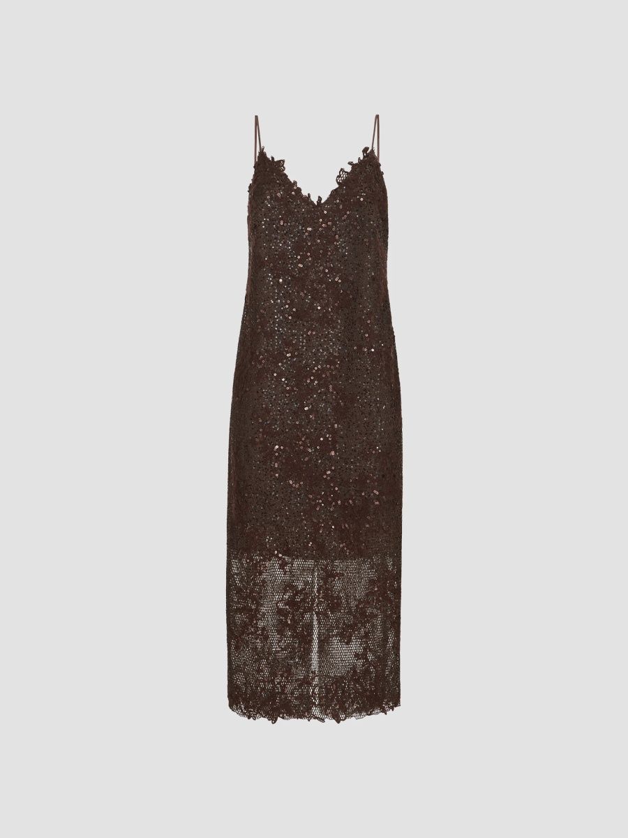 Brunello Cucinelli Women's Dazzling Lace Embroidery Dress in Sparkling Mohair and Wool - Brown Gianduia - Size XL