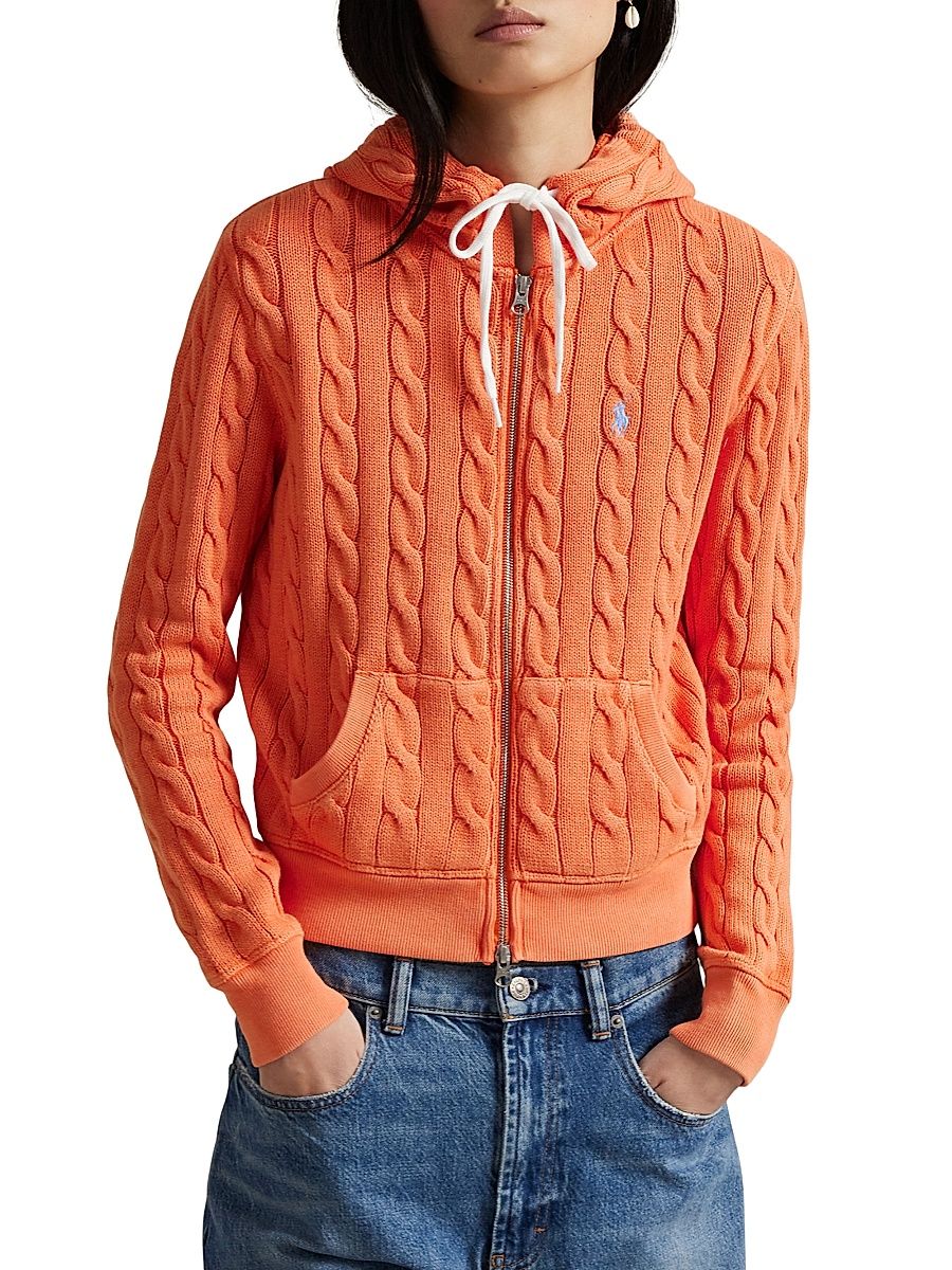 Women's Cable-Knit Cotton Front-Zip Hoodie - May Orange - Size XXS