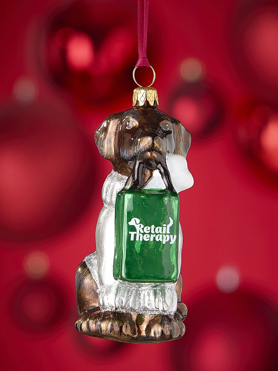 Retail Therapy Bag Chocolate Lab Glass Ornament