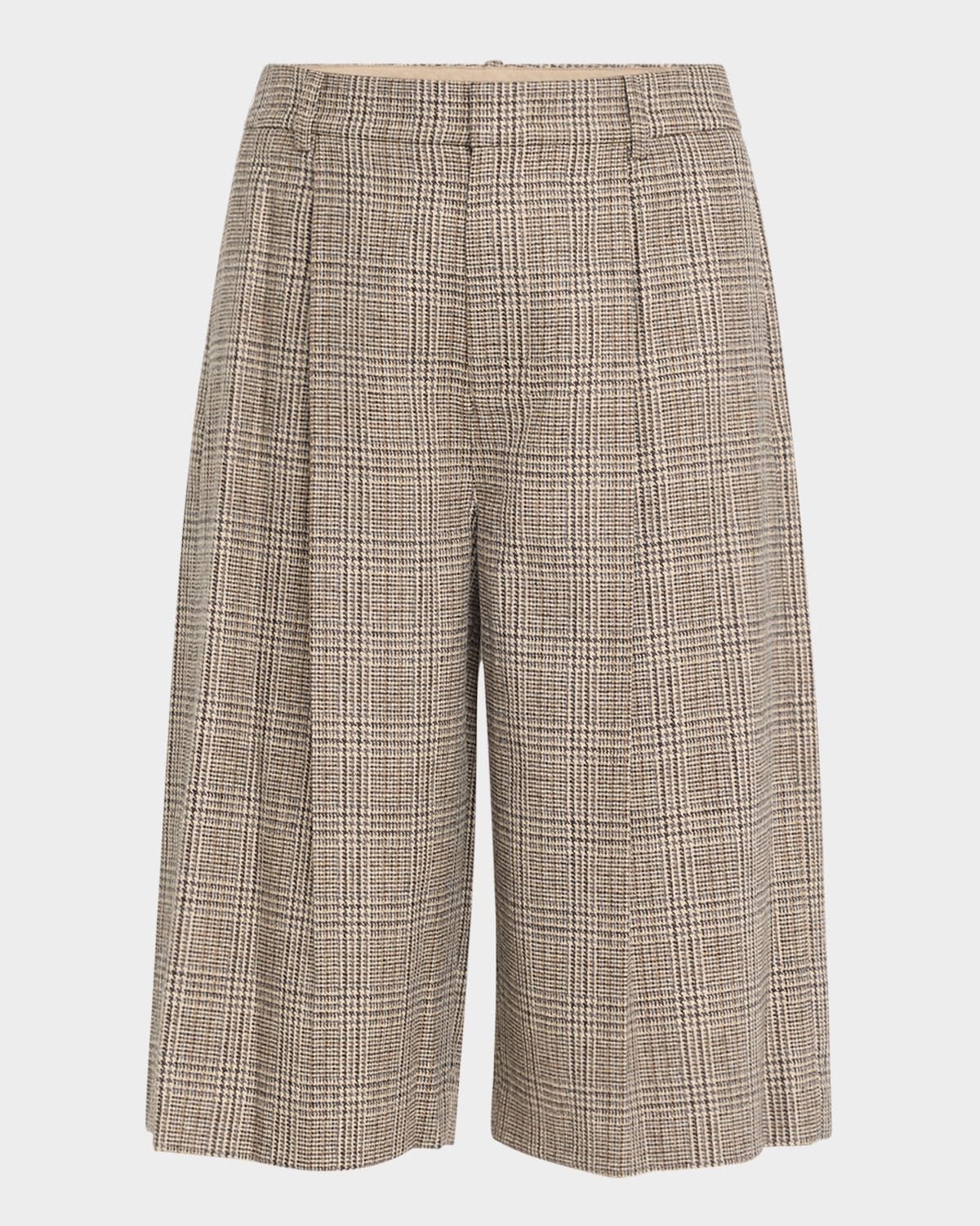 Wide-Leg Wool-Blend Plaid Shorts