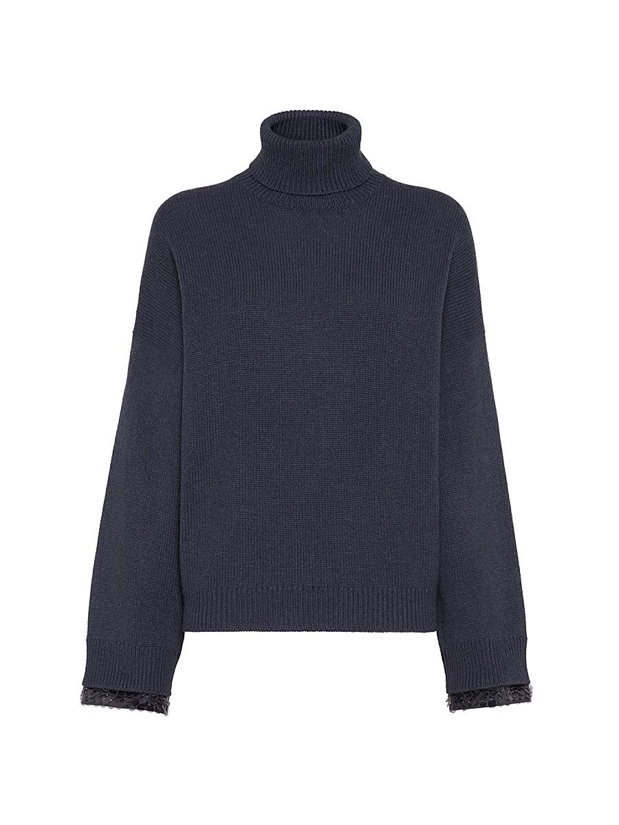 Women's Virgin Wool, Cashmere and Silk Turtleneck Sweater with Swing Drops Cuffs - Navy Blue - Size XXS