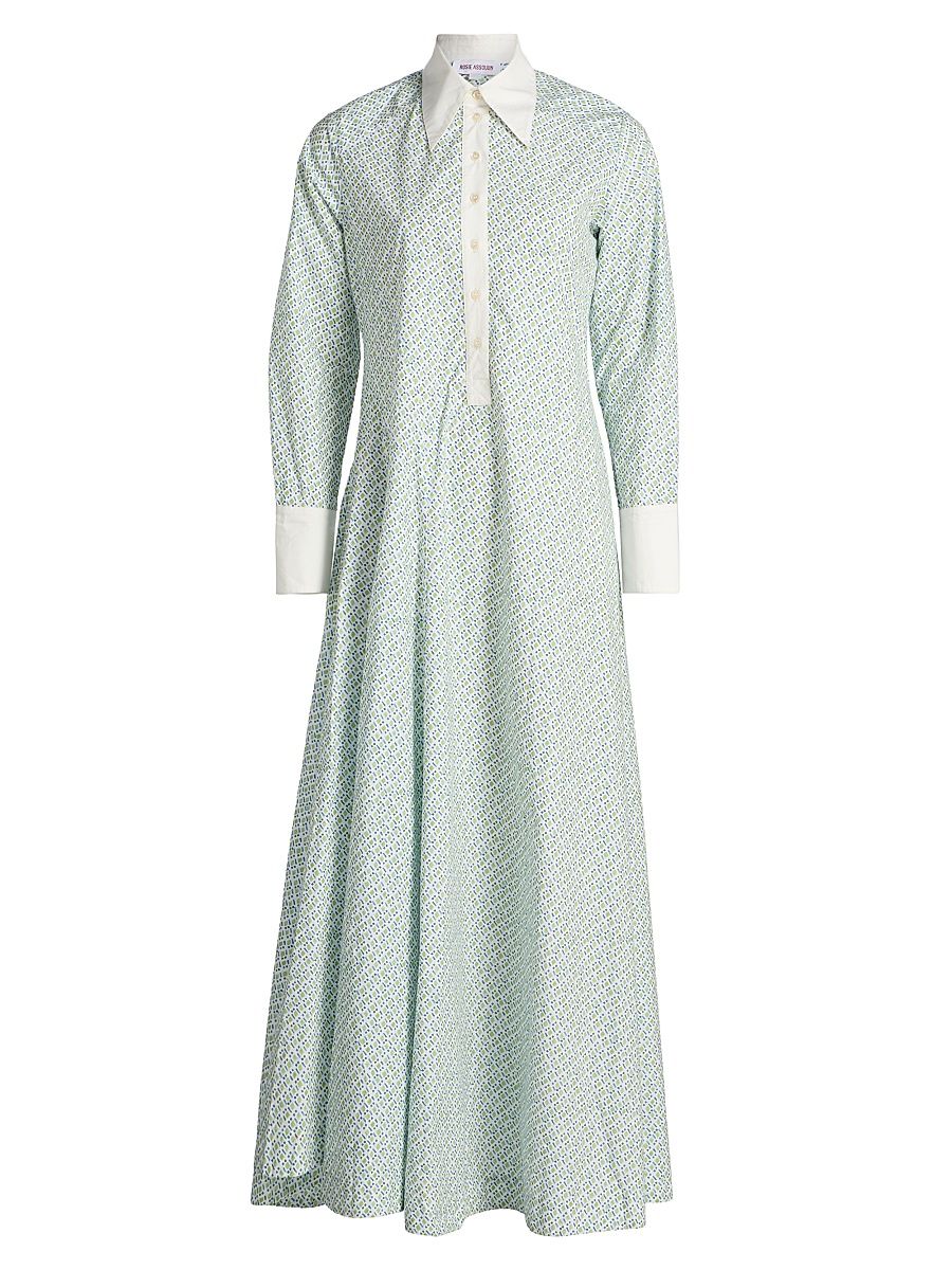 Women's Groovy Geometric Cotton Maxi Shirtdress - Blue Green - Size 14