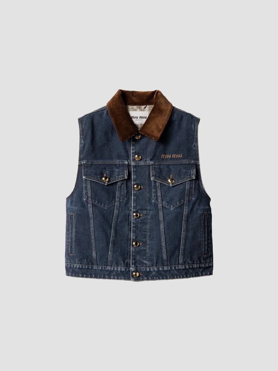 Miu Miu Women's Flocked Denim and Velvet Vest - Blue - Size 6