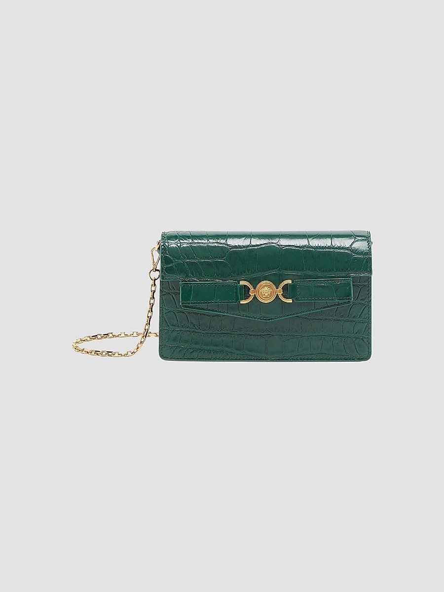 Versace Women's Croc-Embossed Leather Wallet-On-Chain Shoulder Bag - Dark Emerald Versace Gold