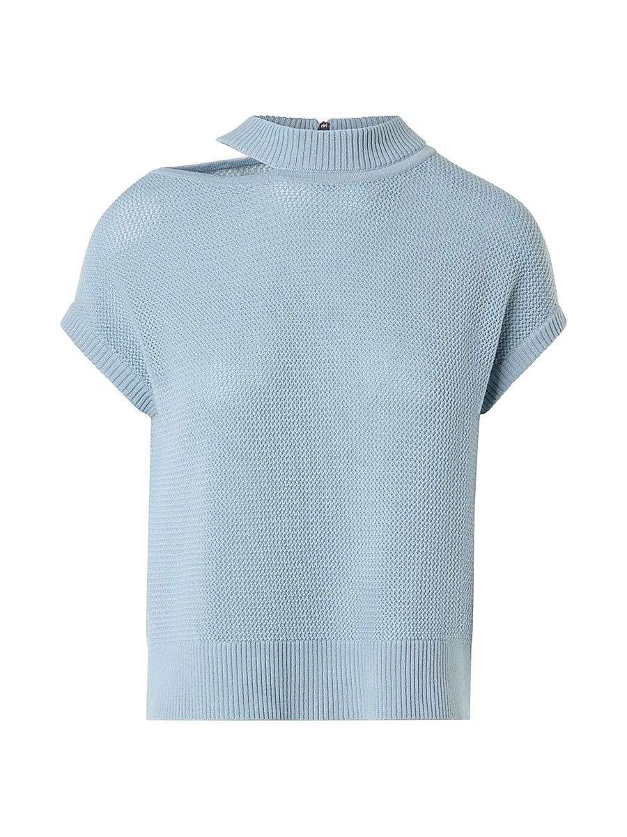 Women's Merino-Wool Mock-Turtleneck Short-Sleeve Sweater - Sky Blue - Size 16