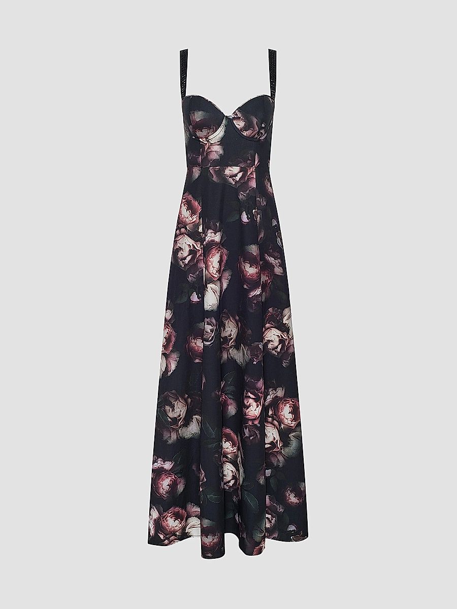 L'AGENCE Women's Sutton Floral Print Maxi Dress - Black Mauve Rose - Size 14