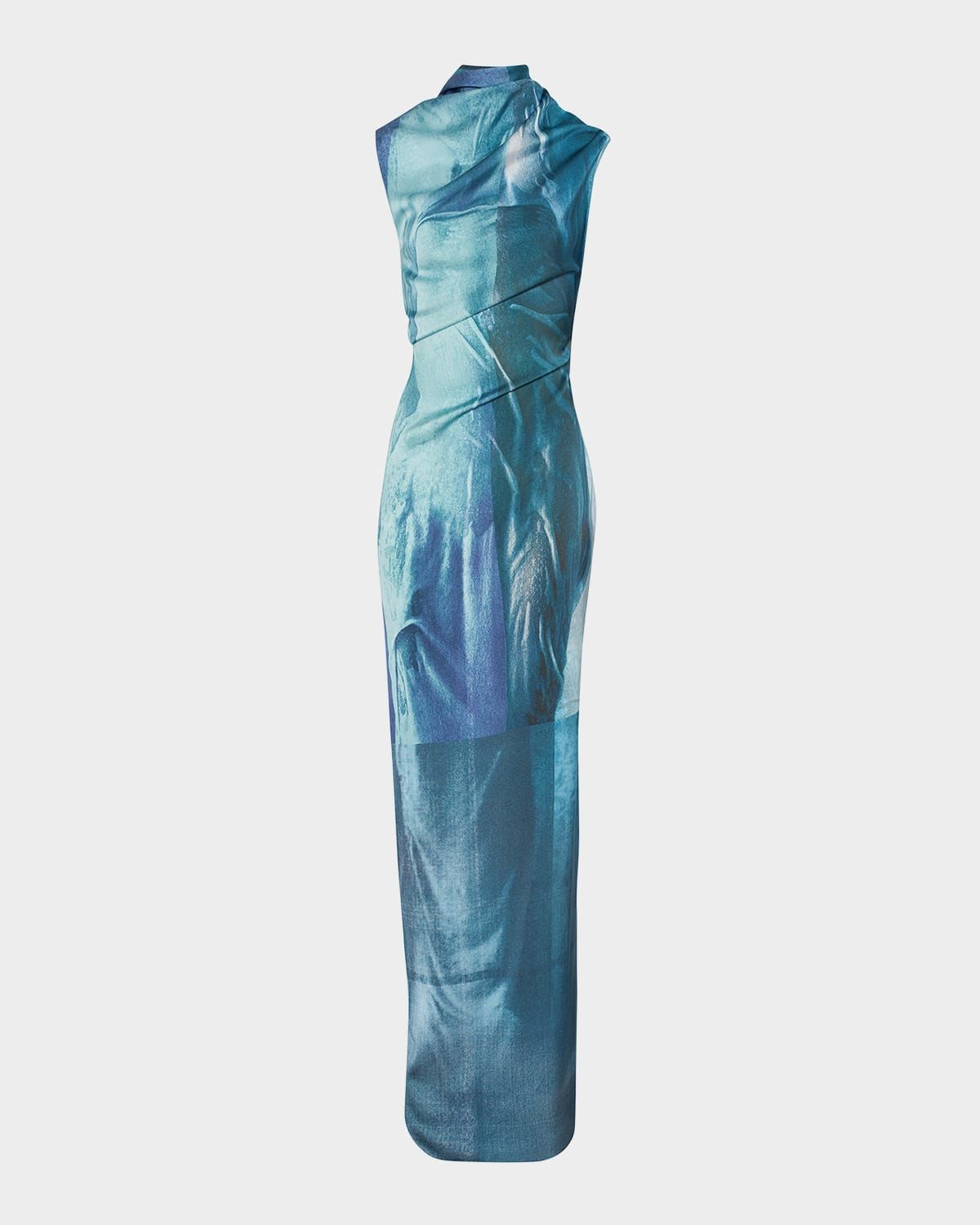 Water-Print Draped Satin Maxi Dress