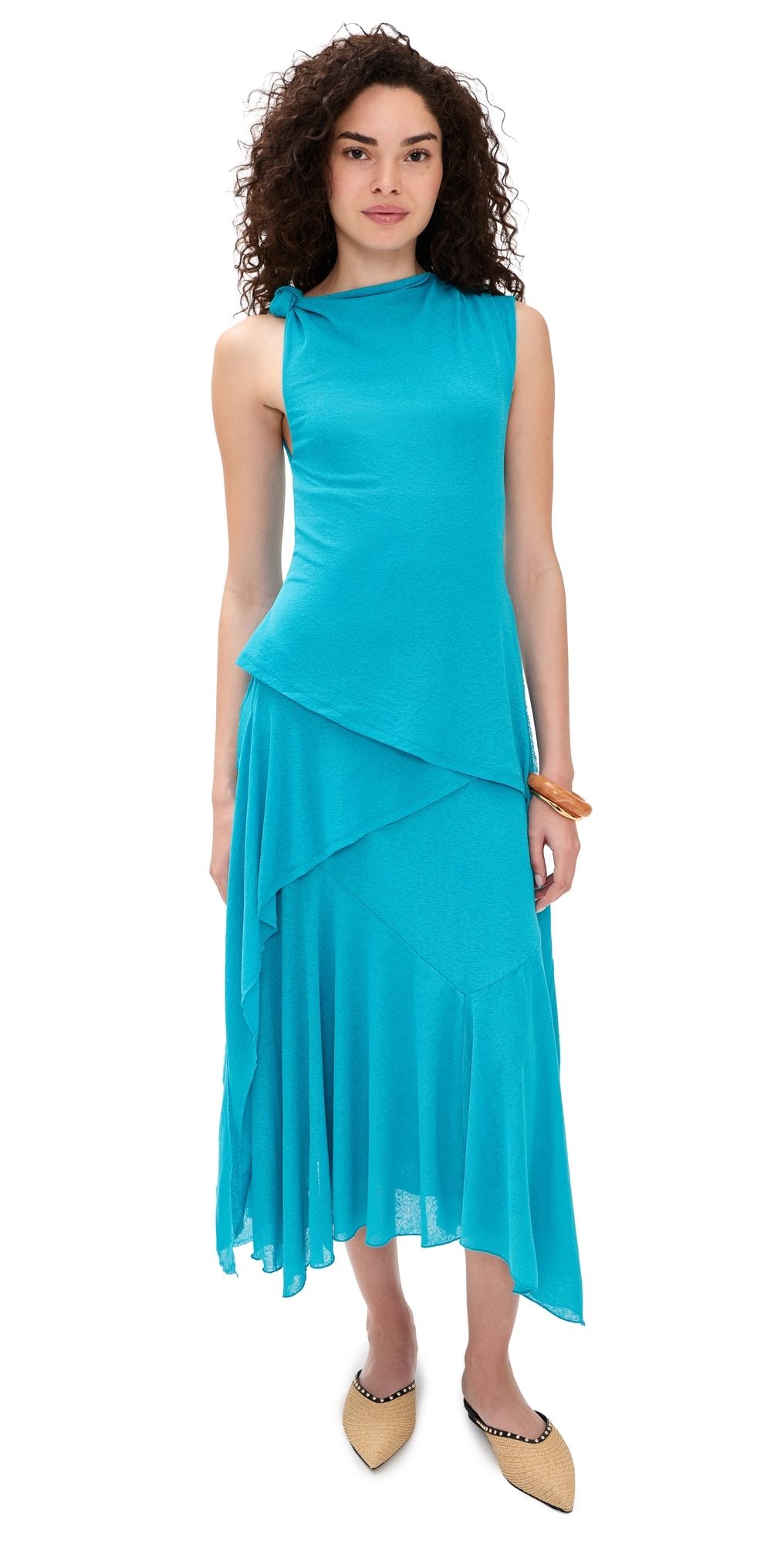 GANNI Marl Mesh Draped Knot Dress River Blue 38