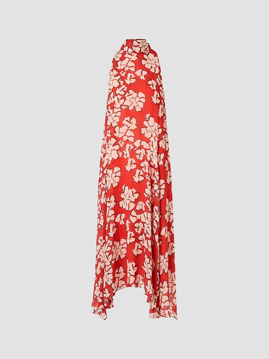 Women's Floral Georgette Handkerchief Midi Dress - Red Cream - Size 14
