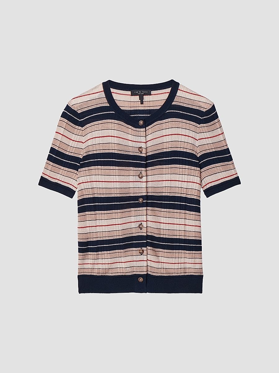 Women's Teresa Striped Short-Sleeve Cardigan - Navy Multi - Size XS