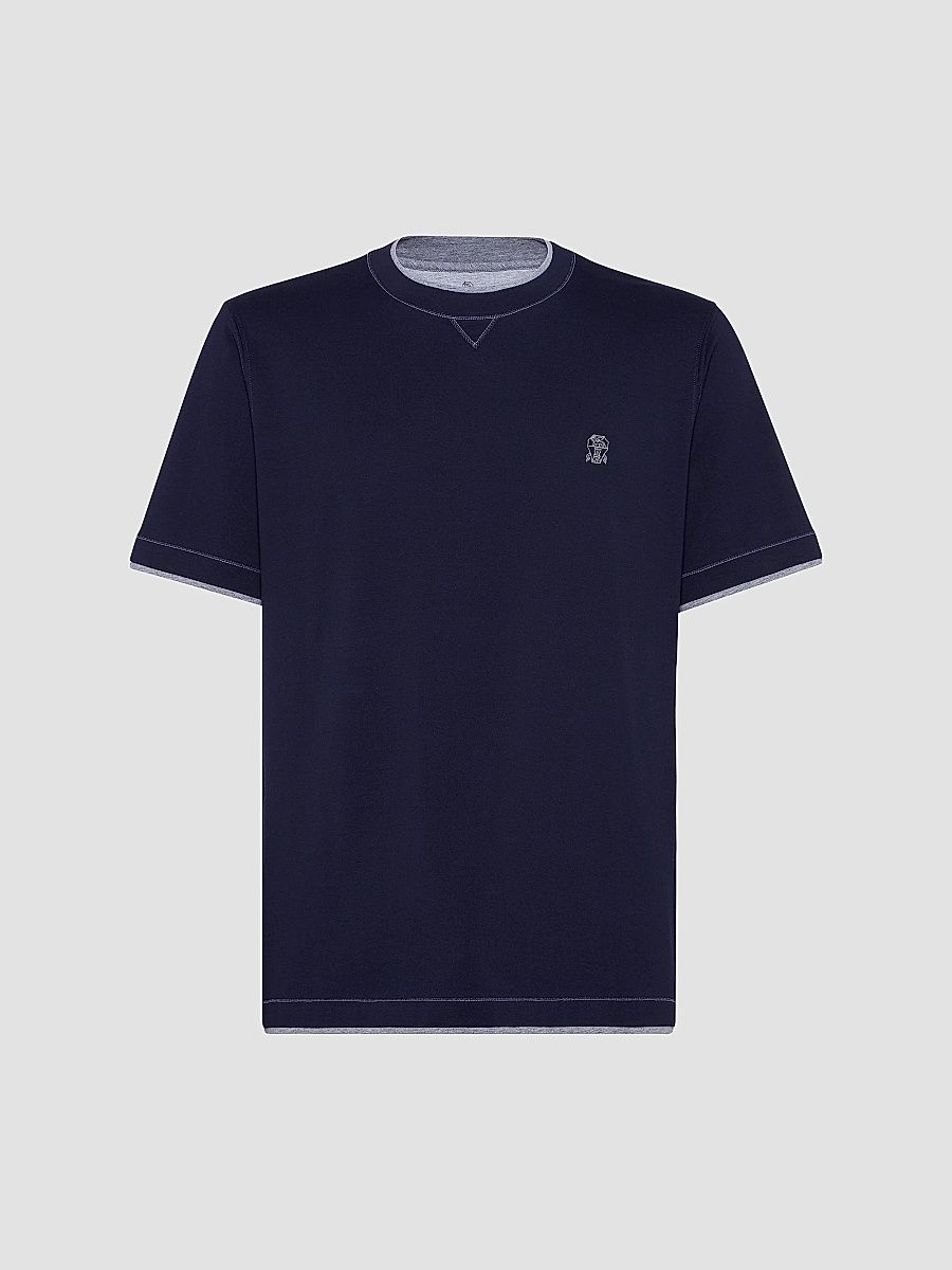 Brunello Cucinelli Men's Cotton Jersey Crewneck T-Shirt with Logo - Cobalt - Size XXXXL