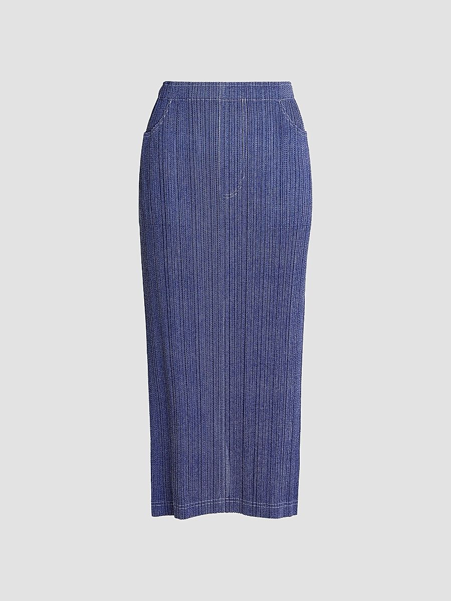 Women's Denim-Look Plissé Midi-Skirt - Navy - Size Small