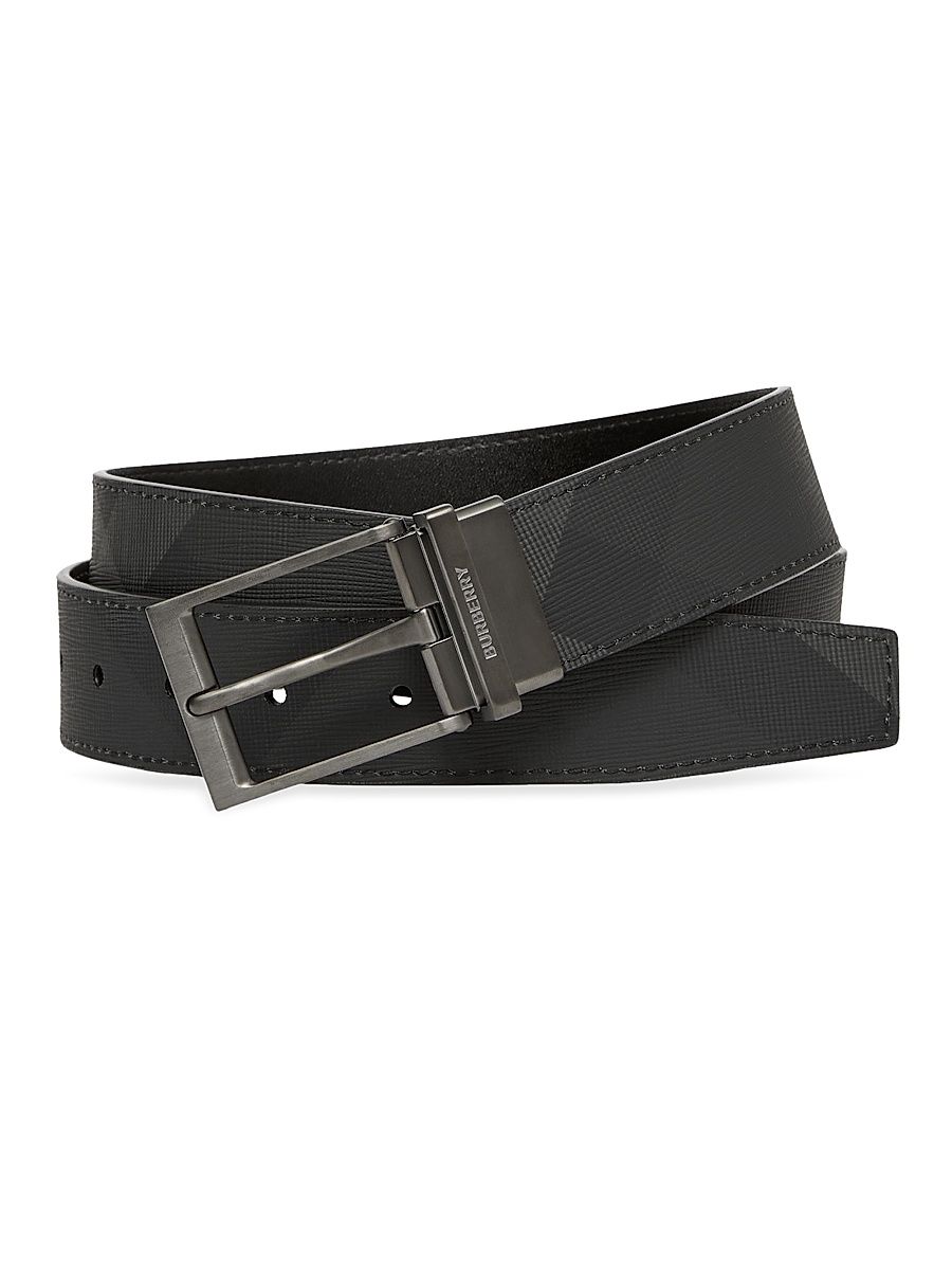 Men's Louis Reversible Leather & Check Belt - Dark Charcoal Black - Size 38
