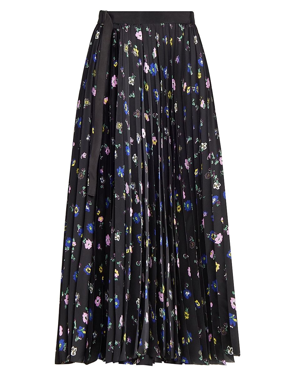 Women's Floral Pleated A-Line Midi-Skirt - Black - Size XL