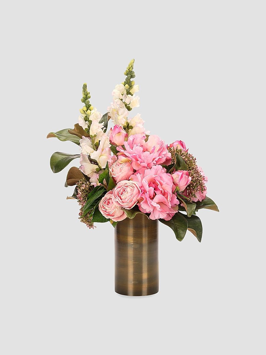 Peonies & Snapdragons Faux Floral Arrangement in Brass Vase - Pink