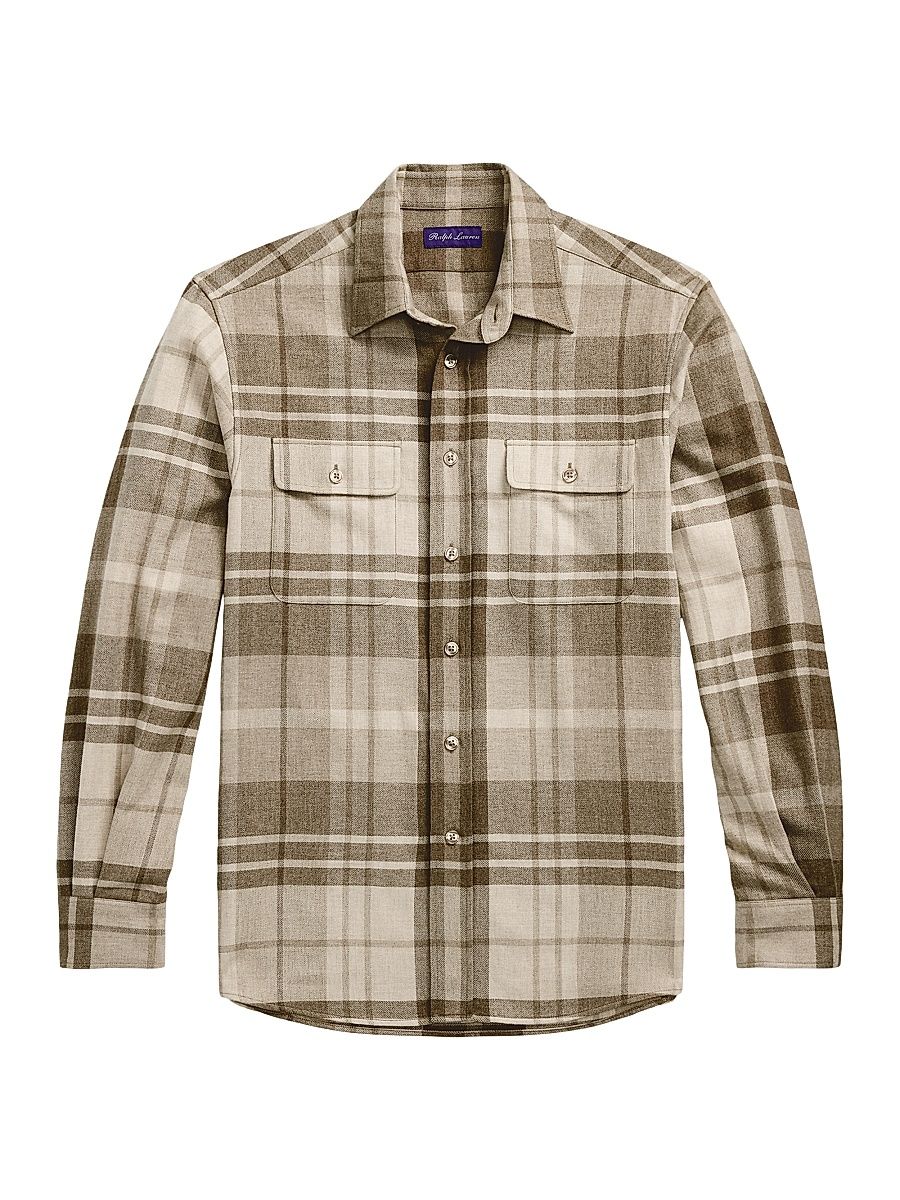 Men's Plaid Cashmere Utility Shirt - Truffle - Size XS