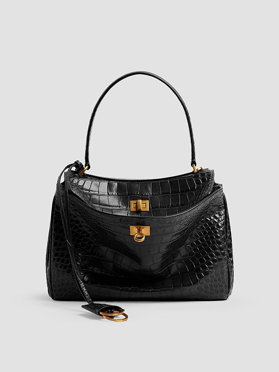 Balenciaga Women's Rodeo Small Crocodile Embossed Shoulder Bag - Black