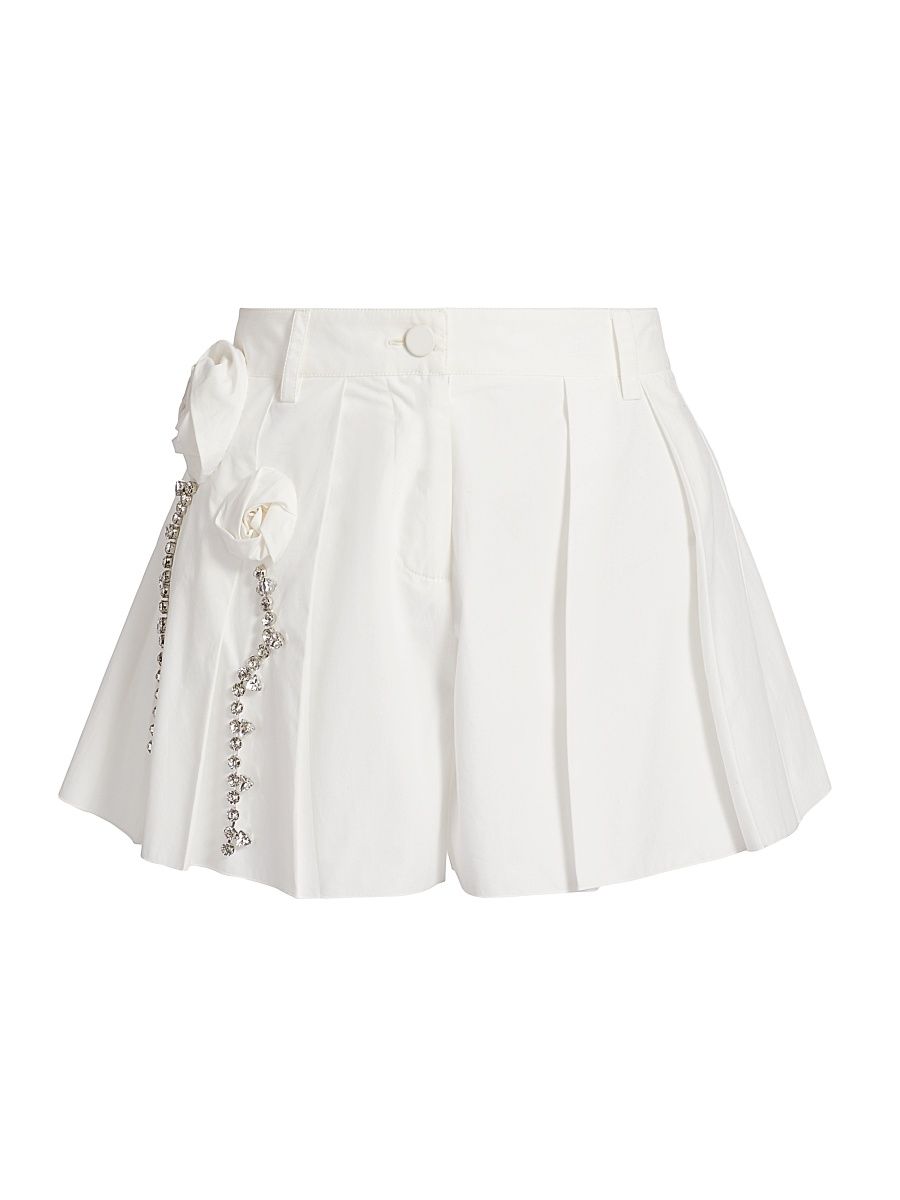 Women's Crystal Rosette Pleated Cotton Poplin Skort - Off White - Size 8