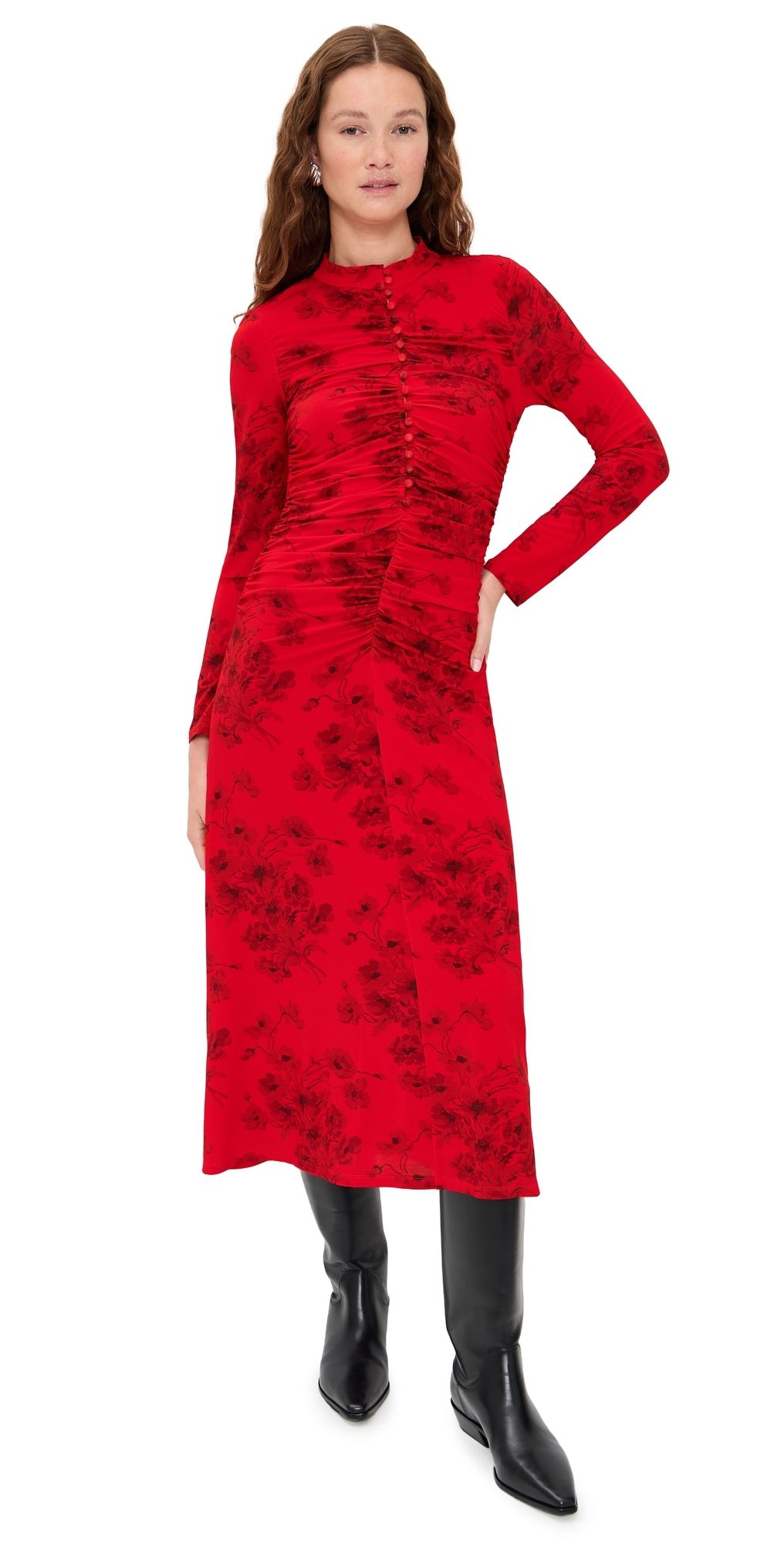 Sea Cornelia Print Long Sleeve Midi Dress Red XXS