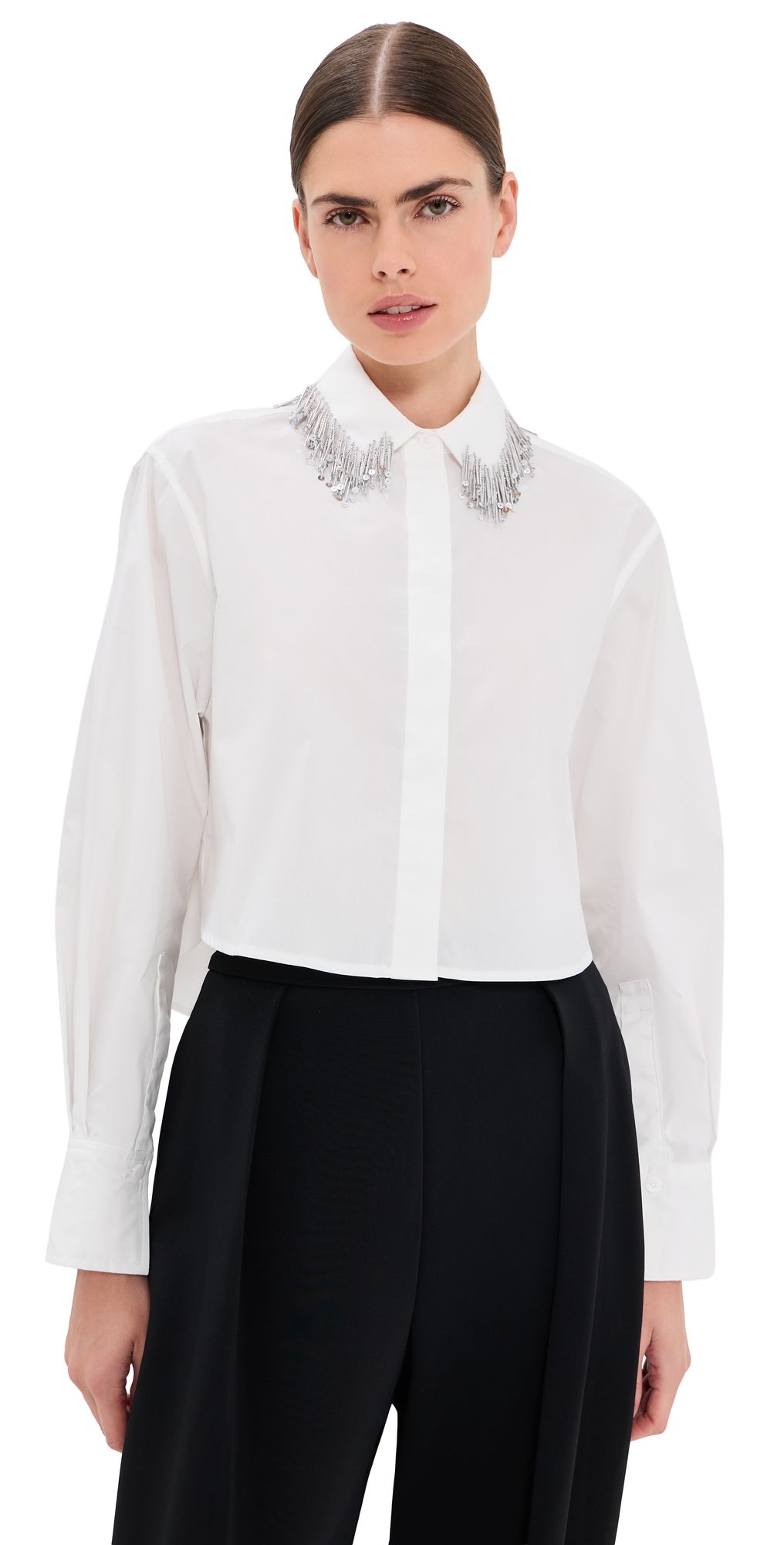 SIMKHAI Renata Embellished Cropped Button Down Shirt White L
