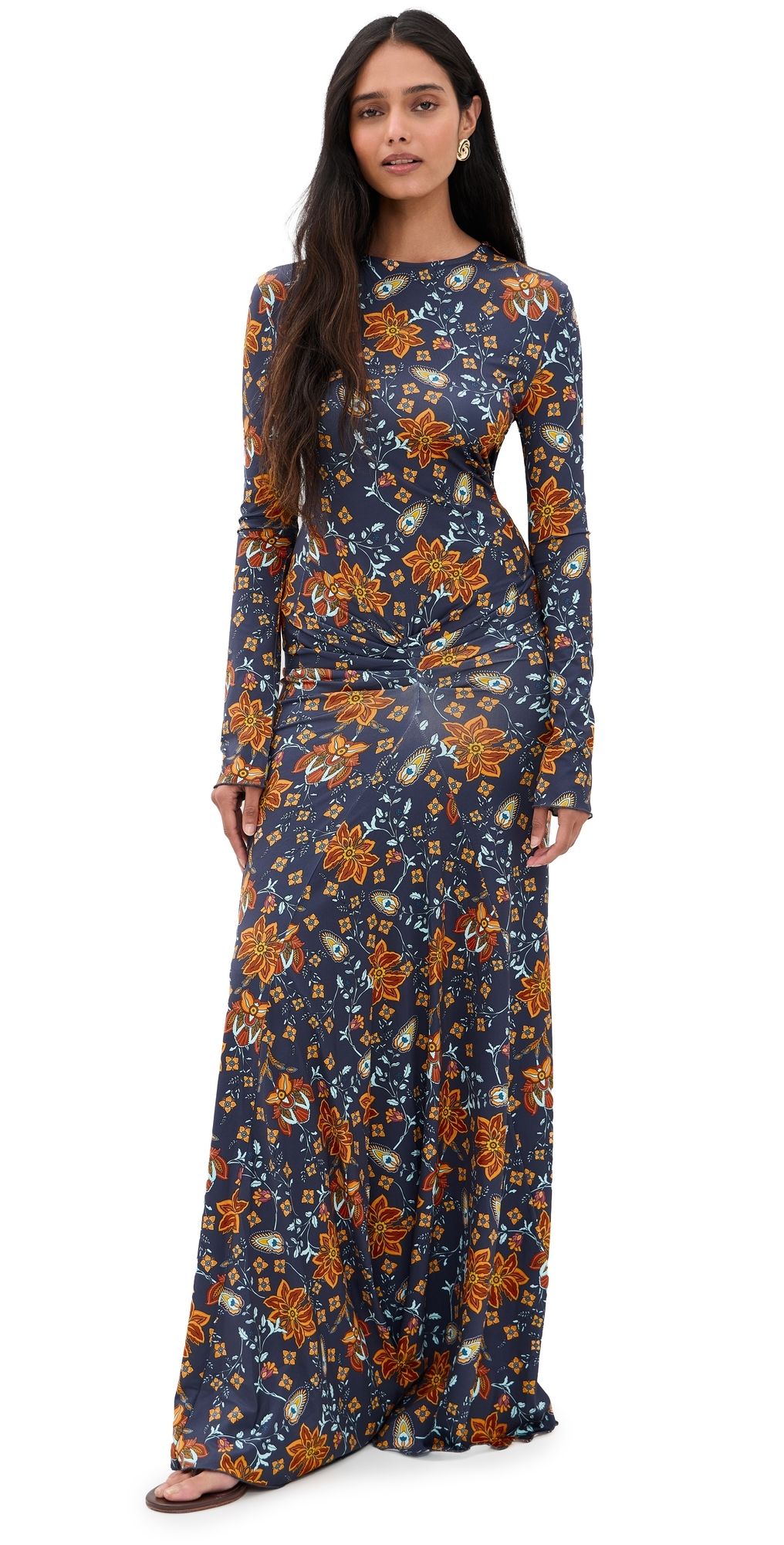 Eywasouls Malibu Annie Ruched Maxi Dress Indigo Wildflower L